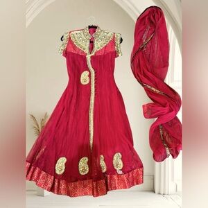Embroidered Red & Gold Indian Anarkali Dress with Matching Dupatta